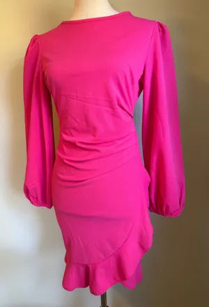 Beachsissi Y2K Hot Pink Puff Sleeve Ruched retro ruffle coquette Mini Dress Small NWT beach thumbnail 1