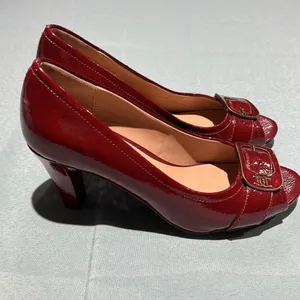 ETIENNE‎ AIGNER Dune Red Patent Vegan Open-Toe Heels Shoes Size 6.5M Buckles B42 thumbnail 5