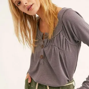 Free People Must Have Henley Top Waffle Knit Long Sleeve Shirt Size Small Grey thumbnail 1