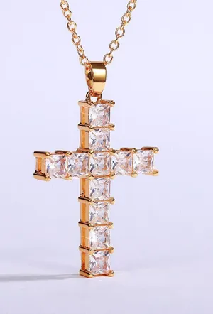 Gold Cross Necklace CZ Cubic Zircon Diamond Pendant, Jesus, Church, Bling thumbnail 2