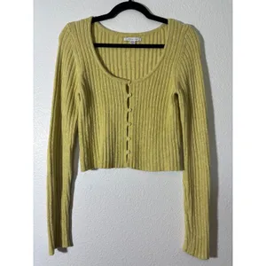 American Eagle Women's Size M Button-Front Cardigan Green-Yellow Cozy Cropped thumbnail 2