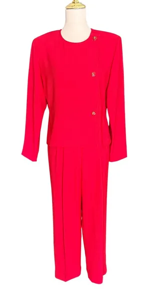 Vintage Red 2 Piece Pant Suit‎ Asymmetrical Button Blazer Pleated Trousers 1980s thumbnail 1