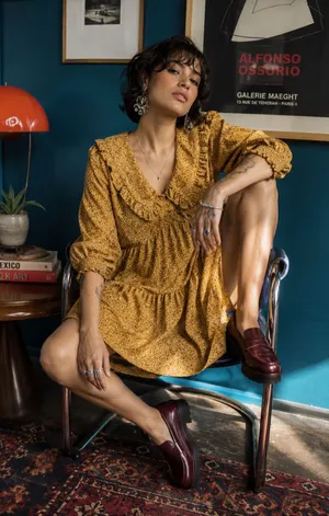 Boutique Mustard Ditsy Floral Ruffle Collar Babydoll Mini Dress M/L thumbnail 1