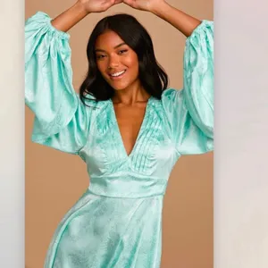 Lulus Stunning Moment‎ Light Blue Satin Jacquard Long Sleeve Mini Dress MEDIUM thumbnail 3