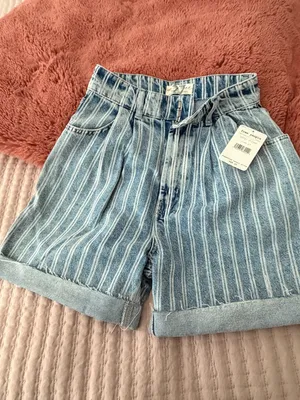 Free People Blue and White Striped Denim Shorts thumbnail 4