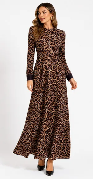 Leopard Print Maxi Dress Long Sleeve Mermaid Hem Boutique Glam Animal Print thumbnail 1