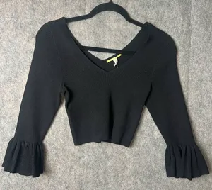 Gianni Bini Women Size Medium Black 3/4 Ruffle Sleeves Cropped Sweater‎ Top NWT thumbnail 1