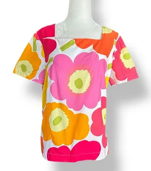 Handmade Vintage‎ Mod Floral Top Pink Orange Flower Power Cotton Blouse Euro Summer Retro thumbnail 1