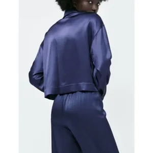 Zara Long Sleeve Satin Effect Crop Track Jacket Stretch Pockets M Sapphire Blue thumbnail 5