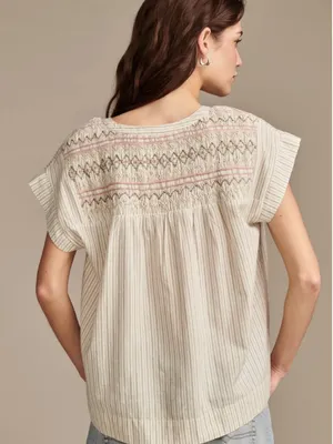 LUCKY Brand Embroidered Short Sleeve Smocked Embroidered Blouse Top Size Small thumbnail 2