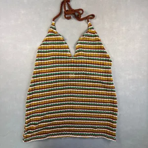 Wild Fable Striped Crochet Halter Top Brown Green Mustard Pink Large Boho thumbnail 2