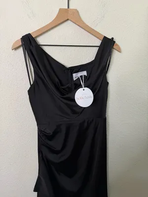 NWT Selfie Leslie Sensations‎ Off Shoulder Satin Maxi Dress Black Womens Size M thumbnail 7