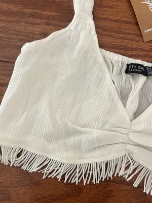 NWT Nasty Gal Crinkle Fringe Hem Bralette Size Crop Top Size Small Size 4 Cream thumbnail 3