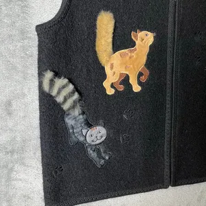 Vintage Cat Applique Wool Vest‎ Black Zip Up Whimsical Kitty Kittens Grandmacore thumbnail 3