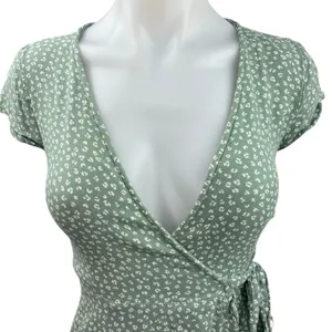 Abercrombie & Fitch Green Floral Ruffle Asymmetric V-neck Midi Wrap Dress Sz 2XS thumbnail 3