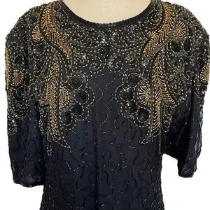 Vintage Black & Gold Silk Beadwork Cocktail Dress Open Back 80s Evening Party thumbnail 5