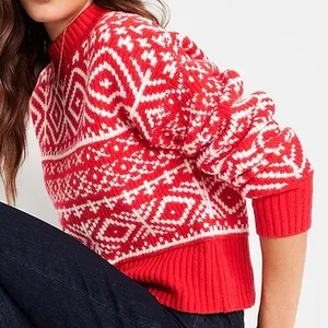 Old Navy SoSoft Fair Isle Mock Neck Sweater Red White Women’s L Holiday thumbnail 3