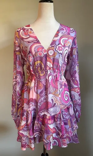 VICI Pink Purple‎ Paisley Back Tie Mini Dress Small Y2K fairy retro boho whimsi thumbnail 1