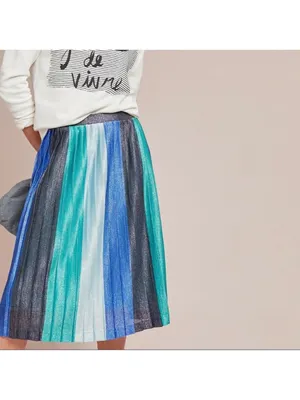 Maeve Anthropologie Sunburst Metallic Blue Pleated Midi Skirt Paneled Patchwork thumbnail 7