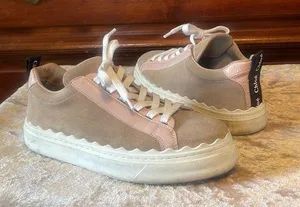 Lauren Leather Beige Blush Pink Scalloped Stacked Sneakers VGUC 6 / EUR 36 thumbnail 1