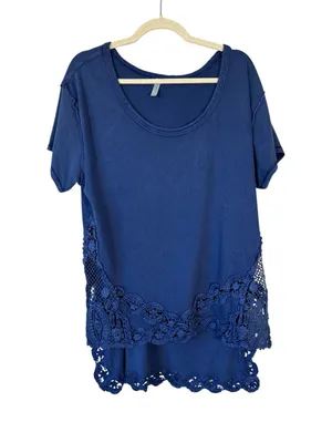 Free People Blue Crochet Short Sleeve Tunic Blouse Womens L Casual Boho thumbnail 1