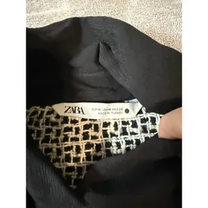 ZARA Black Sheer Blouse Black White Cream Tweed Pockets Button Up‎ Size Medium thumbnail 3