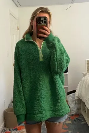Aerie Sherpa Pullover Quarter-Zip Green thumbnail 1