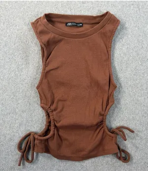 Zara Women's Small Ribbed Knit Tank Top Side Drawstring Ruched Size Brown thumbnail 1