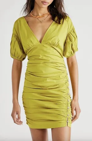 Free People Tastemaker Mini Dress Cotton Ruched Pleated Puff Sleeve Green XS thumbnail 1