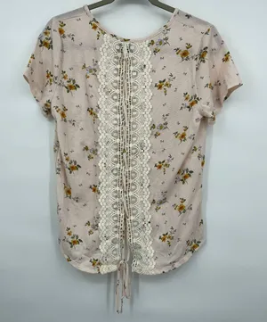 Love J Womens Pink Floral Open Back Lace Detail Tie Shirt Blouse Top NEW Large thumbnail 1