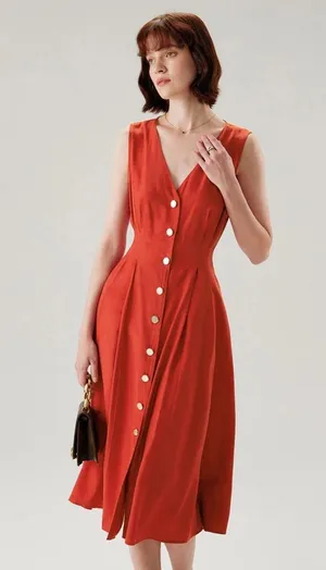 Rihoas Red V-neck Button Sleeveless Midi Dress thumbnail 2