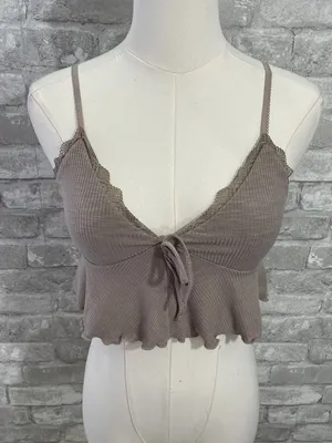 Garage Ribbed Cropped Tank Top in Beige thumbnail 1