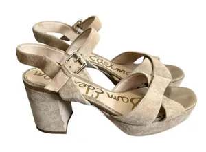 Sam Edelman Leather Suede Beige Cream Strappy Slingback Block‎ Heels Size 9 thumbnail 1