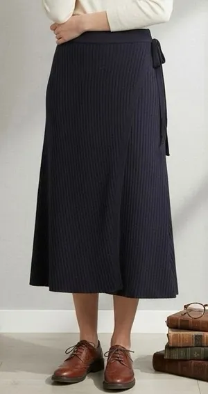 Pari Desai Wrap Midi Skirt M Ribbed Knit Academia Office Preppy $365 Navy Blue thumbnail 1