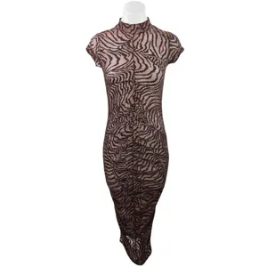PrettyLittleThing Brown Mesh Animal Zebra Print High Neck Maxi Bodycon Dress 4 thumbnail 3