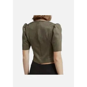 Tahari Faux Leather Suede Puff Sleeve Cropped Blouse Olive Short Sleeve Zip LRG thumbnail 2