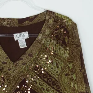Bob Mackie Womens Art To Wear Silk V Neck Sequin Top‎ Size 14 3/4 Sleeve Office thumbnail 2