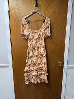 Abercrombie & Fitch Smocked Short Sleeve Floral Ruffle Midi Dress Orange Small thumbnail 13