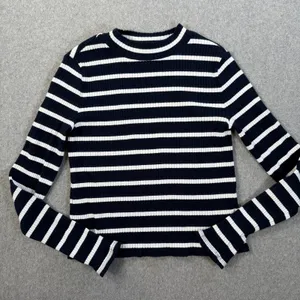 Banana Republic Women's XS Navy Blue White Striped Ribbed Mock Neck Top Stretch thumbnail 1