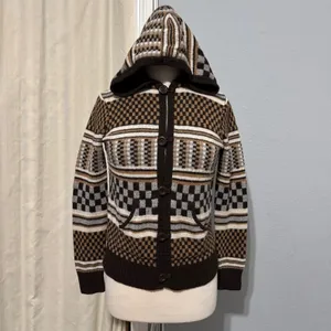 Vans Rare Retro Hooded Cardigan Sweater Brown Checkerboard Geometric Knit Size M thumbnail 2