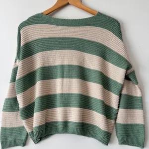 Striped Knit Sweater Women's Green Beige‎ Pocket Detail Pullover Casual thumbnail 2
