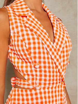 SHEIN Orange Gingham Sleeveless Wrap Romper thumbnail 3