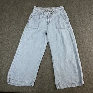 American Eagle Light Wash Lyocell Wide Leg Crop Drawstring Pants Blue 4 Short thumbnail 1