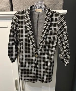 Altar'd State Black & White Plaid Blazer Single Button Ruched Sleeves XS USA EUC thumbnail 1
