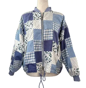 Patchwork Bomber Jacket by Tangibles Blue Cotton Florals Gingham Size M thumbnail 1