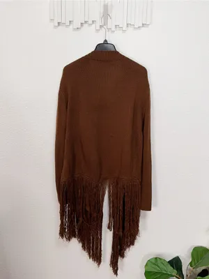 Miss Sparkling Brown Fringe Open Front Waterfall Longline Knit Cardigan thumbnail 7