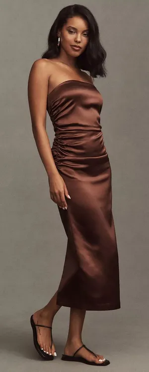Anthropologie BHLDN Selena Strapless Ruched Chocolate Brown Midi Dress SZ Small thumbnail 1