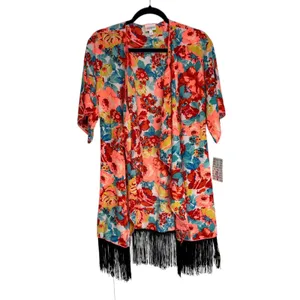 LuLaRoe Monroe Kimono Cardigan Floral Fringe‎ Coral Blue Yellow Pink Size S thumbnail 2