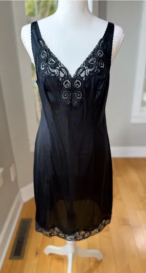 Vintage Bali Black Lace Trim Satin Chemise Slip Dress Size 34 thumbnail 1
