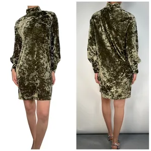Bimba y Lola Velvet Dress Womens M Olive Green Whimsigoth Mock Neck Button‎ Cuff thumbnail 3